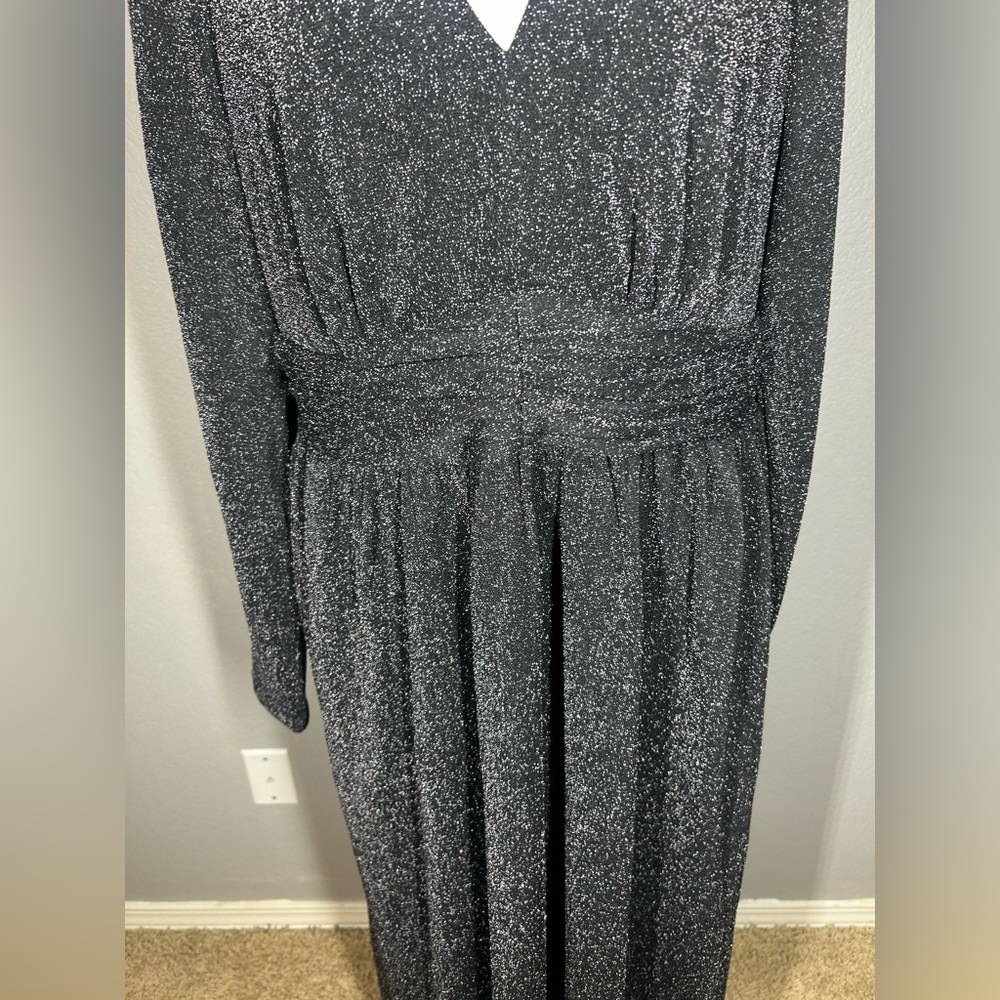 BODEN NWT Black Silver Sparkle Long Sleeve V-Neck Ruched Midi Party Dress Sz 12 - Picture 6 of 16